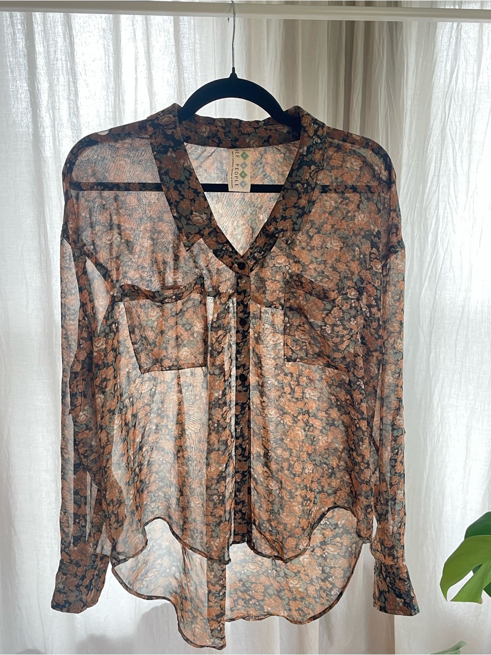 Free People Sheer Brown Floral Button-Front Blouse